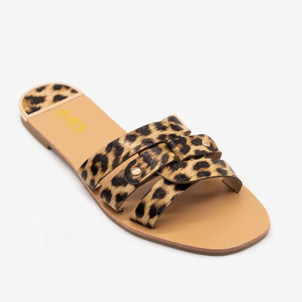 AMS Women Open Toe Double Looped Leopard Print Faux Leather Sandals - Size 6
